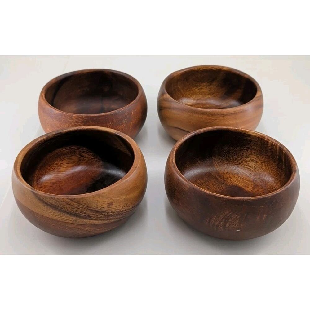Set of 4 Crate & Barrel Tondo 5.75" Small Acacia Wood Serving Bowls Hand Carved